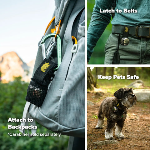 Bear Bell With Magnetic Silencer for Hiking Safety and Wildlife Awareness attached to backpack, belt, and dog collar.