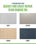 Seam Stitch Repair Kit For Vinyl Fabric Leather And Canvas Restore Damaged Seams On Car Seats Boat Seats Furniture And Clothes Diy Sew Kit With Black And White Thread shown with fabric samples.