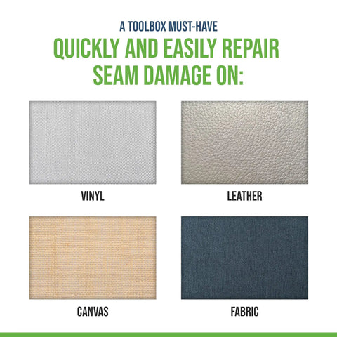 Seam Stitch Repair Kit For Vinyl Fabric Leather And Canvas Restore Damaged Seams On Car Seats Boat Seats Furniture And Clothes Diy Sew Kit With Black And White Thread shown with fabric samples.