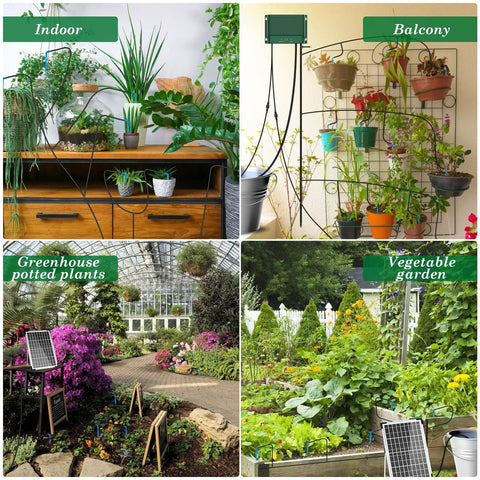 Solar Powered Automatic Plant Watering System 10W Kit in use for indoor, balcony, greenhouse, and vegetable garden setups