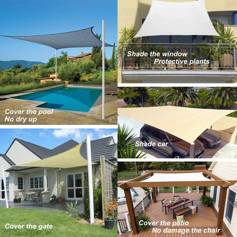 Outdoor Sun Shade Sail Canopy 6 By 8 Feet Rectangle UV Blocking Sunshade Fabric installed over patios and pools.
