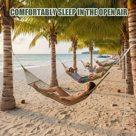 4 Pack Mesh Hammocks Set For Outdoor Chill Pine Green Nylon Hammocks 98.4 x 31.5 Inches holding people on the beach