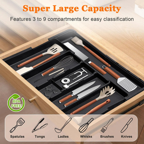 Beefy Expandable Large Silverware Drawer Organizer For Kitchen Drawers Adjustable Cutlery Tray That Fits 13.2 To 22 Inch Drawers Holds Spatulas Tools And Gadgets Flatware Storage Black Plastic