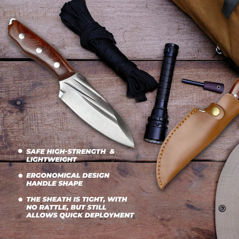 Pocket Fixed Blade Knife With Wood Handle And Leather Sheath For Camping And Outdoor Adventures displayed on wood surface.