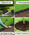 Two Inch Tall Garden Edging Kit With 100 Feet Of Border And 120 Spikes, Plastic Landscape Edging For Lawn in use, showing cutting, tiling, no-dig installation, and flowerbed edge in garden.