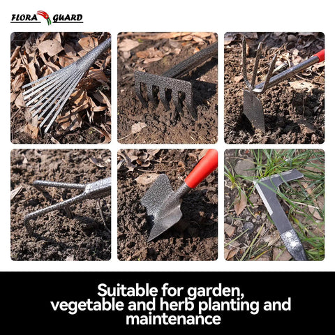Heavy Duty 6 Piece Garden Tool Set With Trowel Rake 2 In 1 Hoe And Crack Weeder Cultivator And More Durable Hand Tools in use