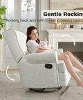 Woman relaxing in Swivel Recliner Chair With Extra Large Footrest, Plush Upholstered Glider Rocker for Living Room, Off White