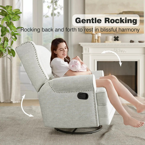 Woman relaxing in Swivel Recliner Chair With Extra Large Footrest, Plush Upholstered Glider Rocker for Living Room, Off White