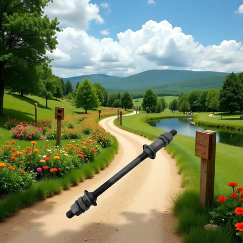 190mm black bike axle for rear hub three eighths inch 26 TPI shaft with conical lock nut on outdoor path background.