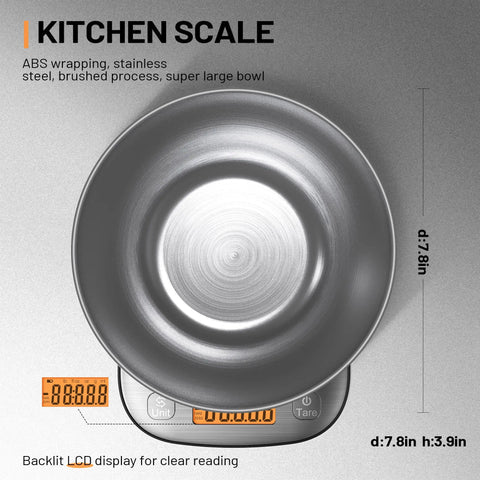 Digital Kitchen Scale With Stainless Steel Bowl IPX6 Waterproof 11 Lb Capacity Precise 0.01 Oz 0.1 g Readings Five Unit Modes