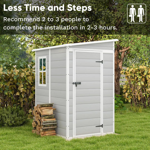 5x4 Ft Outdoor Resin Storage Shed With Floor And Lockable Window Door in garden setting, light gray, less time to install
