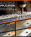 Drill in action with metal shavings on various metals; Six Piece M35 Cobalt Stubby Drill Bit Set For Metal With Hex Shank Includes Sizes Three Thirty Second Inch One Eighth Inch Three Sixteenth Inch One Quarter Inch Five Sixteenth Inch Three Eighths Inch For Hardened Steel Carbide Wood Plastic.