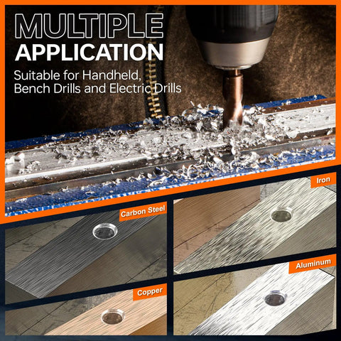 Drill in action with metal shavings on various metals; Six Piece M35 Cobalt Stubby Drill Bit Set For Metal With Hex Shank Includes Sizes Three Thirty Second Inch One Eighth Inch Three Sixteenth Inch One Quarter Inch Five Sixteenth Inch Three Eighths Inch For Hardened Steel Carbide Wood Plastic.