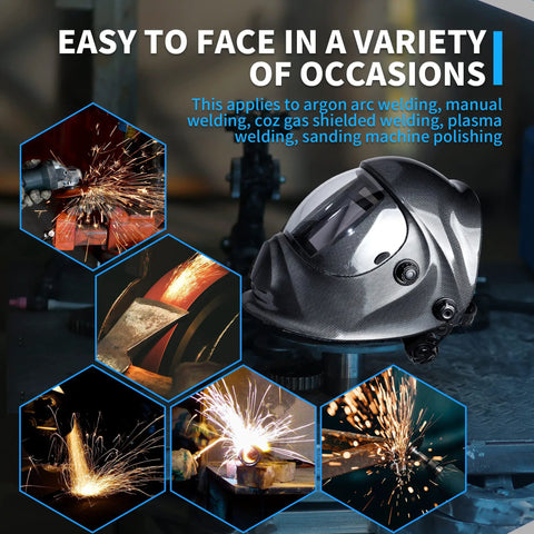 True Color Solar Powered Auto Darkening Welding Helmet With Large Viewing Window next to various welding scenes