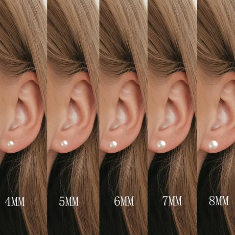 Five Piece Pearl Stud Earrings Set With Gold Finish Ball Studs From 4mm To 8mm For Women And Men, Classic Gold Pearl Earrings For Everyday Wear, Dope For Multiple Piercings And Modern Day Style. 4mm pearl stud on ear