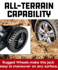 Big Wheel Three In One Garage Jack For Cars Trucks And Motorcycles With One And A Half Ton Capacity And 3000 Pound Lift Off Road Ready With Stable Large Wheels For Easy Maneuvering On Any Surface in use on sand