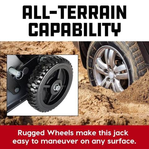 Big Wheel Three In One Garage Jack For Cars Trucks And Motorcycles With One And A Half Ton Capacity And 3000 Pound Lift Off Road Ready With Stable Large Wheels For Easy Maneuvering On Any Surface in use on sand