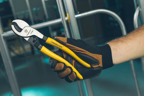 Tough Nine Inch Cable Cutter With Comfort Dipped Grips and Solid Forged Steel Arms designed for fast electrical wire snipping.