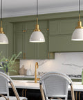 12 Inch Wide Pendant Light With Metal Shade In Pearled White And Brass Finish, Adjustable 8 Ft Cord, Hardwired Dome Fixture, E26 Bulb