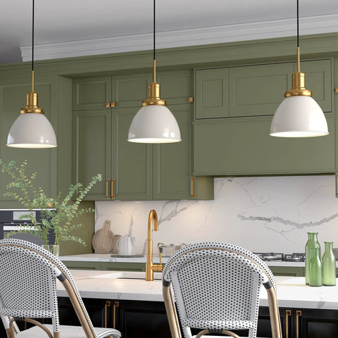 12 Inch Wide Pendant Light With Metal Shade In Pearled White And Brass Finish, Adjustable 8 Ft Cord, Hardwired Dome Fixture, E26 Bulb