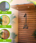 Outdoor Shower Kit With Soap Dish, Matte Black Finish installed on a wooden panel, ideal for patio, poolside, lake house, beach cabin