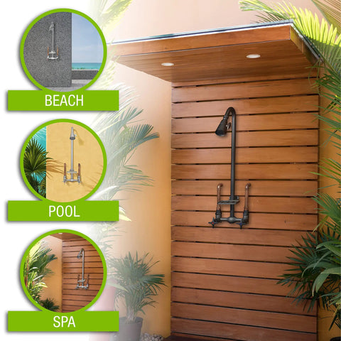 Outdoor Shower Kit With Soap Dish, Matte Black Finish installed on a wooden panel, ideal for patio, poolside, lake house, beach cabin