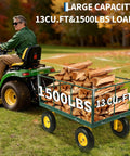 Heavy Duty 1500 Lbs Steel Garden Cart with 3 in 1 Utility Wagon Flatbed loaded with firewood, connected to a tractor on a lawn