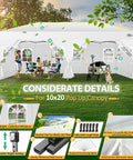 10x20 Pop Up Canopy Shelter With Six Sidewalls No Fuss One Push Setup Waterproof UPF 50 Gazebo For Weddings Parties And Events shown with setup features
