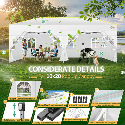 10x20 Pop Up Canopy Shelter With Six Sidewalls No Fuss One Push Setup Waterproof UPF 50 Gazebo For Weddings Parties And Events shown with setup features