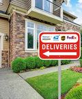 Stress Free Rust Proof Aluminum Delivery Sign With Bold Left Arrow Sturdy 28 Inch Ground Stake Helps Drivers Find Your Drop Spot Fast in a landscaped yard.