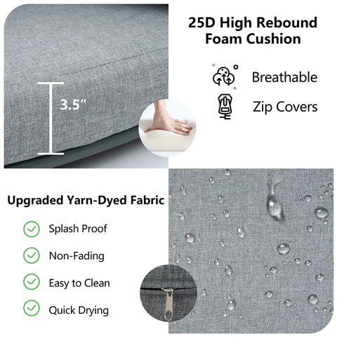 Close-up of grey cushion with 3.5-inch 25D high rebound foam, breathable zip cover, splash-proof yarn-dyed fabric with water droplets.