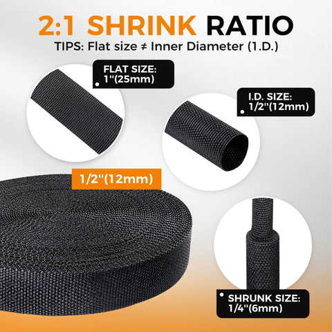 Heat Shrink Braided Sleeving For Wires And Cables Three Eighths Inch By Fifteen Feet High Temperature Rugged Automotive Grade Protection Tough Durable Insulation Temperature Range Minus Thirty One To Two Hundred Eighty Four Fahrenheit, 2:1 shrink ratio