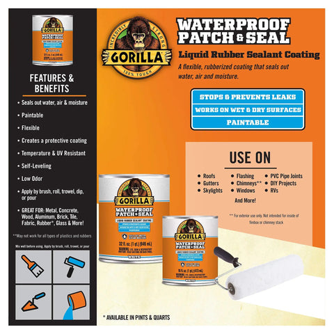 Patch And Seal Liquid Rubber Waterproof Sealant White 32 Ounce Easy To Apply By Brush Roll Trowel Dip Or Pour Seals Out Water Air And Moisture For Leaks In Roofs Basements And Pipes packaging with usage details and benefits