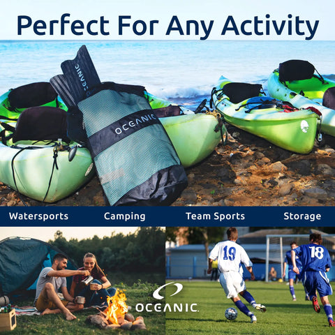 XL Mesh Dive Bag Backpack For Snorkel Gear Lightweight Quick Dry Bag With Padded Straps on kayaks by the shore.