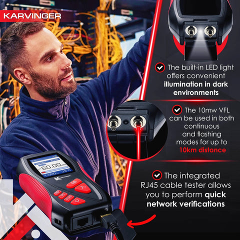 Karvinger optical power meter 4-in-1 fiber tool with VFL and RJ45 tester; handheld black and red device with LCD display