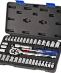 40 Piece One Quarter And Three Eighth Inch Drive Socket Set With 72 Tooth Reversible Ratchet Hardened Cr V Chrome Plated Tools in Open Case