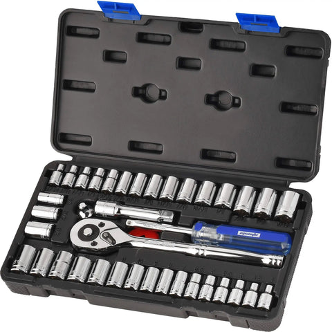 40 Piece One Quarter And Three Eighth Inch Drive Socket Set With 72 Tooth Reversible Ratchet Hardened Cr V Chrome Plated Tools in Open Case