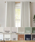 Extra Long Linen Blackout Curtains For Track System 120 Inch Long installed on window, color swatches shown below.
