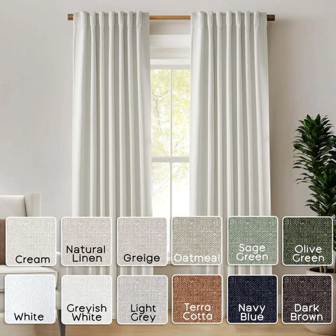 Extra Long Linen Blackout Curtains For Track System 120 Inch Long installed on window, color swatches shown below.
