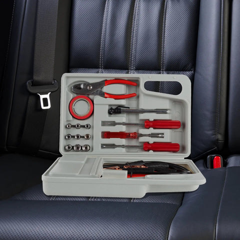 Roadside Emergency Car Kit With 30 Piece Road Trip Essentials Tool Set Including Jumper Cables, Tire Pressure Gauge, Gloves, Electrical Tape, And Carrying Case For Car, Truck, Or RV Gray Red open on car seat
