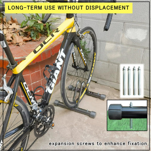 Space Saving Bike Rack Stand For Mountain And Road Bikes, Adjustable Width, Fits Most 26 Inch Wheels, Indoor Outdoor Garage Or Home Storage, Sturdy Lightweight Floor Stand With Rubber Feet, bike secured with expansion screws