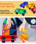 Four Piece Magnetic Car and Truck Base Tiles Set for Creative Building and Movable Vehicles in yellow, red, green, blue.