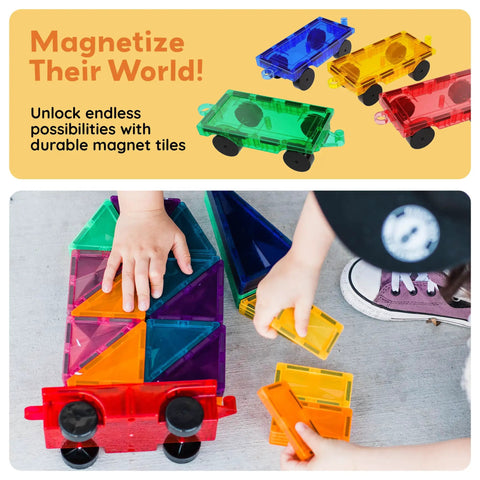 Four Piece Magnetic Car and Truck Base Tiles Set for Creative Building and Movable Vehicles in yellow, red, green, blue.