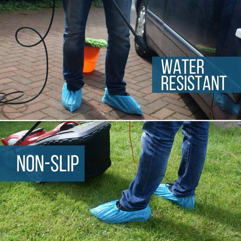 Person wearing Ultra Thick Disposable Shoe Covers 120 Pack 60 Pairs Non Slip Water Resistant Booties for Indoor Outdoor Use on pavement and grass.