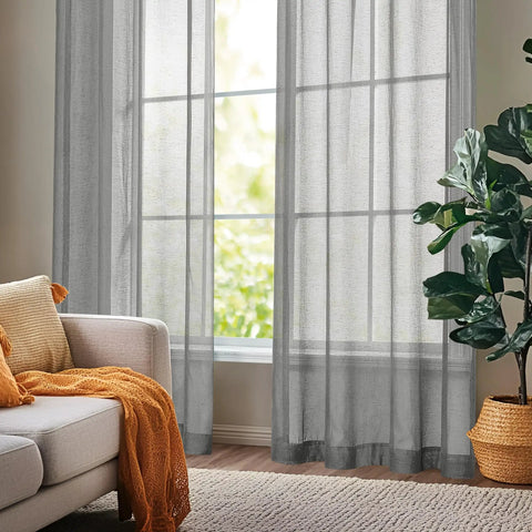Linen-Feel Sheer Curtains 2 Panels With Grommet Top, Light Filtering Semi-Transparent Drapes For Living Room, Dark Grey, 52x84 Inches