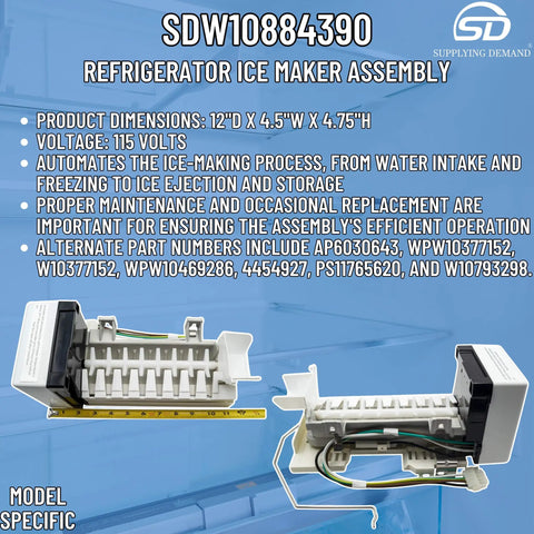 Refrigerator Ice Maker Assembly Replacement Fits W10793298 W10377152 W10469286 shown at different angles for installation.