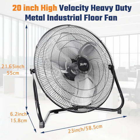 Heavy Duty 20 Inch Industrial Floor Fan With 4650 CFM Airflow, 3 Speed Settings, metal construction, shown in a modern office.