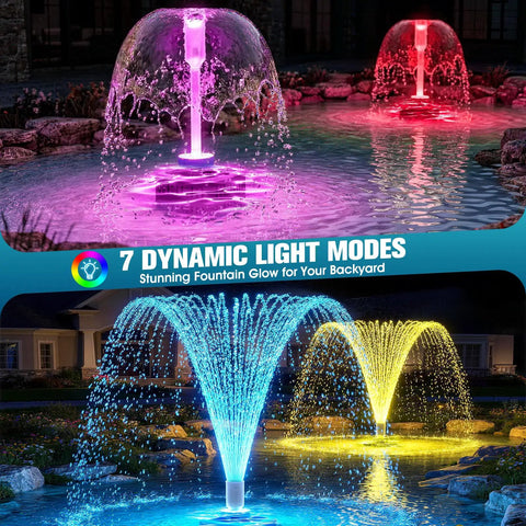 Plug-And-Play All-In-One Pond Pump With Lights, 800 GPH Submersible Fountain Kit, showing pink, blue, and yellow LED light modes.