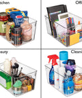Hella Organized Plastic Storage Bins With Lids, Big Capacity Deep Containers For Pantry Fridge And Cube Shelves In A Four Pack with assorted items.