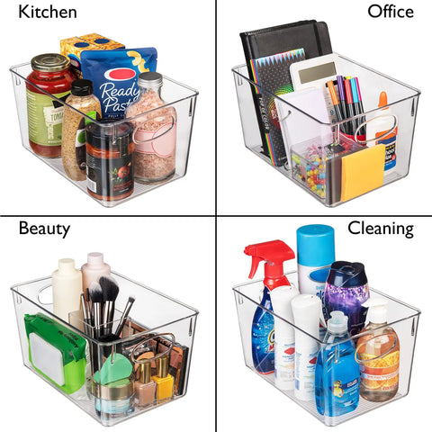 Hella Organized Plastic Storage Bins With Lids, Big Capacity Deep Containers For Pantry Fridge And Cube Shelves In A Four Pack with assorted items.